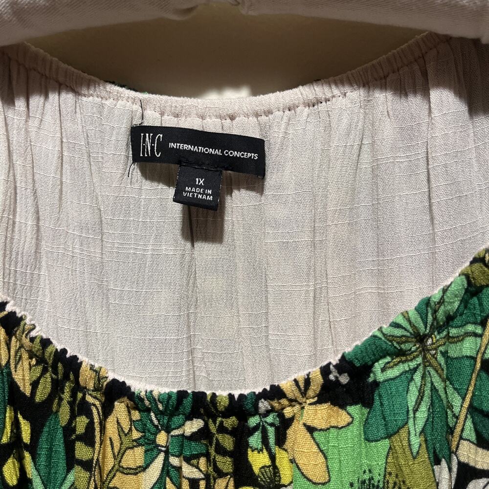 INC International Concepts Yellow Green Floral Top 1X Boho Retro 70s Hippie Bold - Picture 2 of 10
